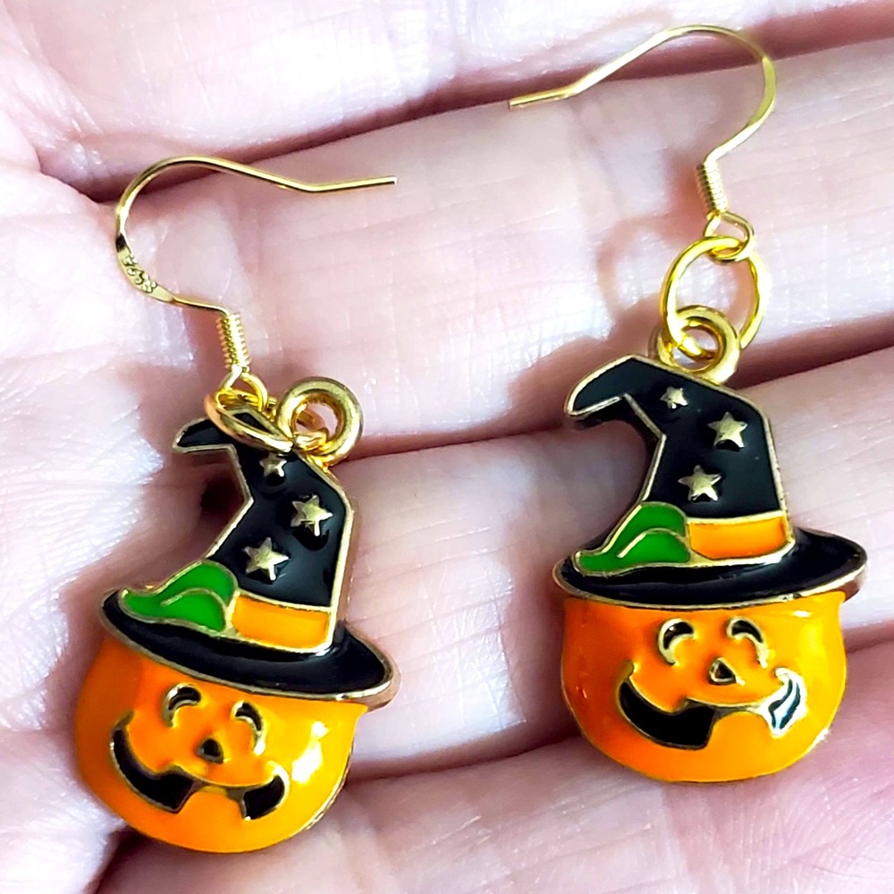 Pumpkin witch earrings Halloween enamel handmade 925 silver gold plated gift